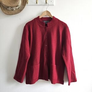 Vintage Herman Geist 100% Wool Cranberry Red Cardigan Jacket Made in Hong Kong M